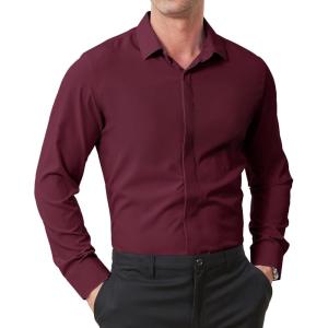 ZITY Mens Hidden Placket Dress Shirts Long Sleeve Button Down Shirt Business Casual Shirts(Wine Red)