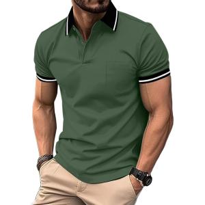ZITY Mens Polo Shirts Casual Short Sleeve Athletic T-Shirts Classic Contrast Collar Shirt with Pocket(Army Green)