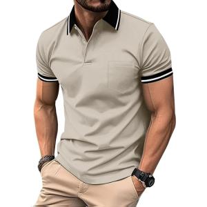 ZITY Mens Polo Shirts Casual Short Sleeve Athletic T-Shirts Classic Contrast Collar Shirt with Pocket(Beige Yellow)