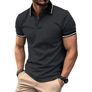 ZITY Mens Polo Shirts Casual Short Sleeve Athletic T-Shirts Classic Contrast Collar Shirt with Pocket(Dark Grey)