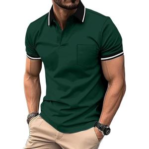 ZITY Mens Polo Shirts Casual Short Sleeve Athletic T-Shirts Classic Contrast Collar Shirt with Pocket(Forest Green)