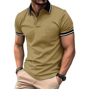 ZITY Mens Polo Shirts Casual Short Sleeve Athletic T-Shirts Classic Contrast Collar Shirt with Pocket(Khaki)