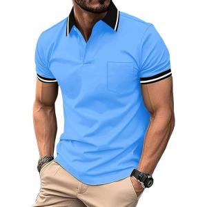 ZITY Mens Polo Shirts Casual Short Sleeve Athletic T-Shirts Classic Contrast Collar Shirt with Pocket(Light Royal Blue)
