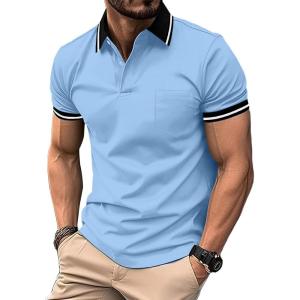 ZITY Mens Polo Shirts Casual Short Sleeve Athletic T-Shirts Classic Contrast Collar Shirt with Pocket(Moon Blue)