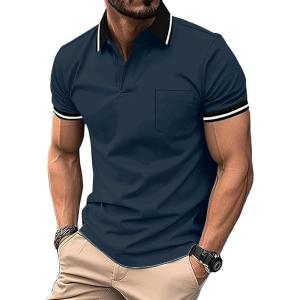 ZITY Mens Polo Shirts Casual Short Sleeve Athletic T-Shirts Classic Contrast Collar Shirt with Pocket(Navy)