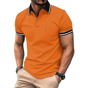 ZITY Mens Polo Shirts Casual Short Sleeve Athletic T-Shirts Classic Contrast Collar Shirt with Pocket(Orange)