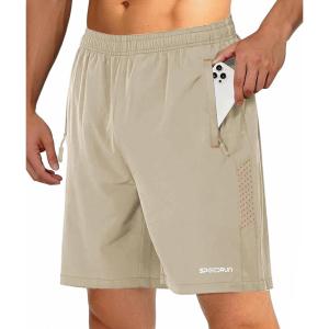 ZITY Men’s Running Athletic Shorts with Zipper Pockets 7″ Lightweight Moisture Wicking Sports Gym Basketball Hiking Workout(Khaki)
