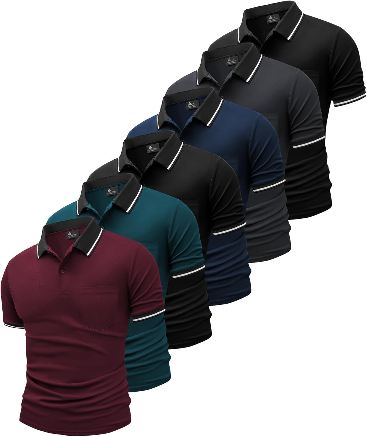 imageZITY 6 Pack Men Polo Shirts Short Sleeve with Pocket Wicking Shirts for Men Casual Collared TShirtsSix Black Grey Navy Black Duckblue Winered