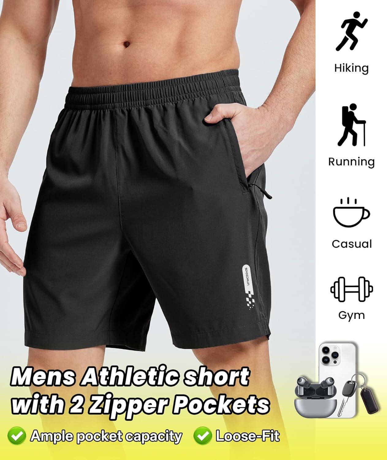 imageZITY Mens Athletic Running Shorts with Zipper Pocket 7 Quick Dry Gym Basketball Workout Sport Tennis Hiking ShortsBlack