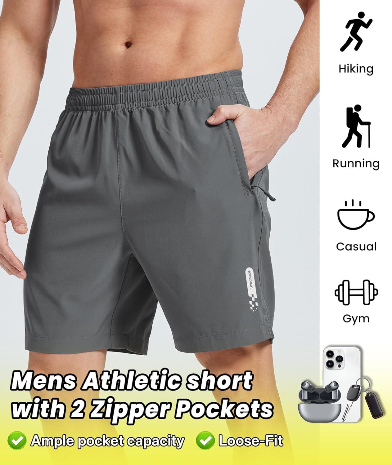 imageZITY Mens Athletic Running Shorts with Zipper Pocket 7 Quick Dry Gym Basketball Workout Sport Tennis Hiking ShortsGray