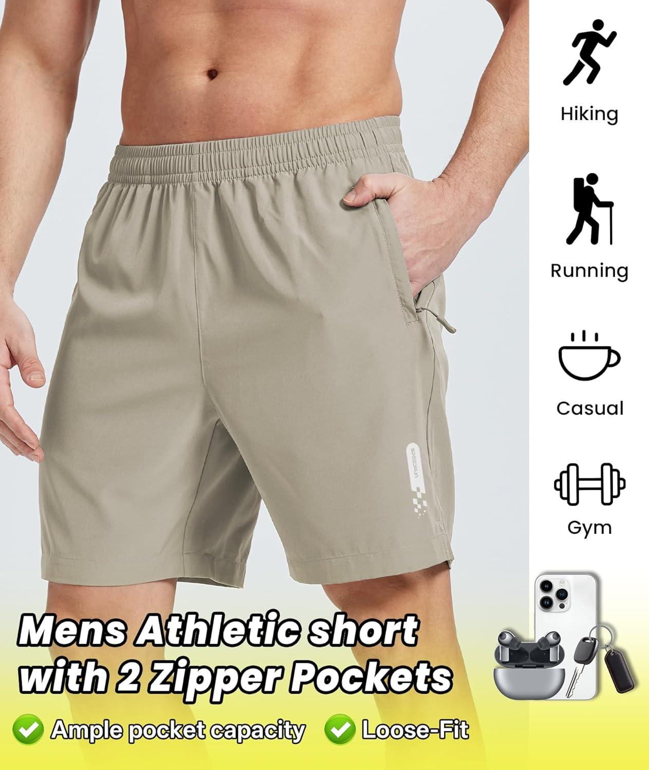 imageZITY Mens Athletic Running Shorts with Zipper Pocket 7 Quick Dry Gym Basketball Workout Sport Tennis Hiking ShortsKhaki