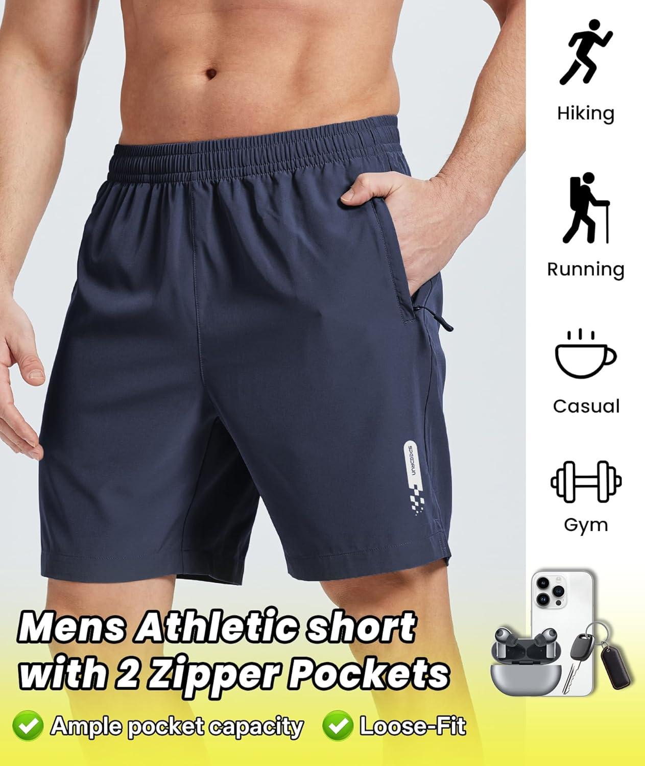 imageZITY Mens Athletic Running Shorts with Zipper Pocket 7 Quick Dry Gym Basketball Workout Sport Tennis Hiking ShortsNavy