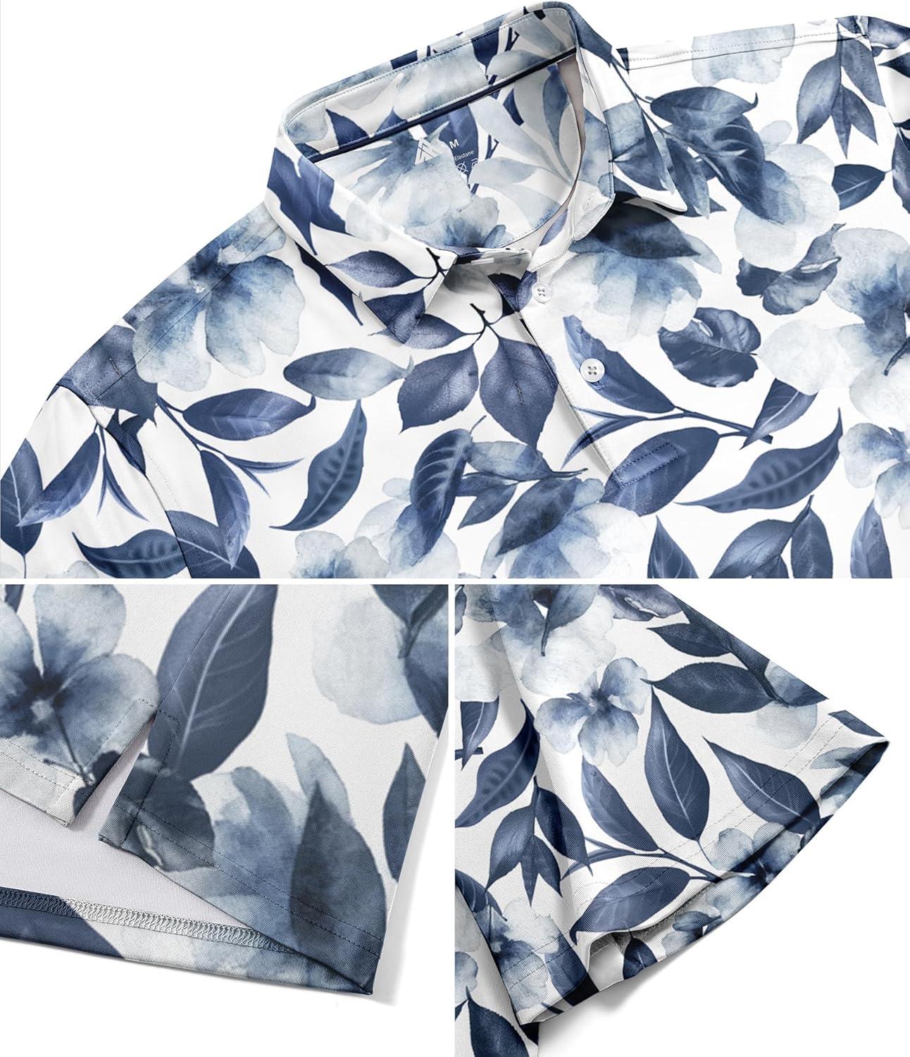 imageZITY Mens Golf Shirts Short Sleeve Print Patterns Performance Moisture Wicking Polo ShirtNavy Staining Plants
