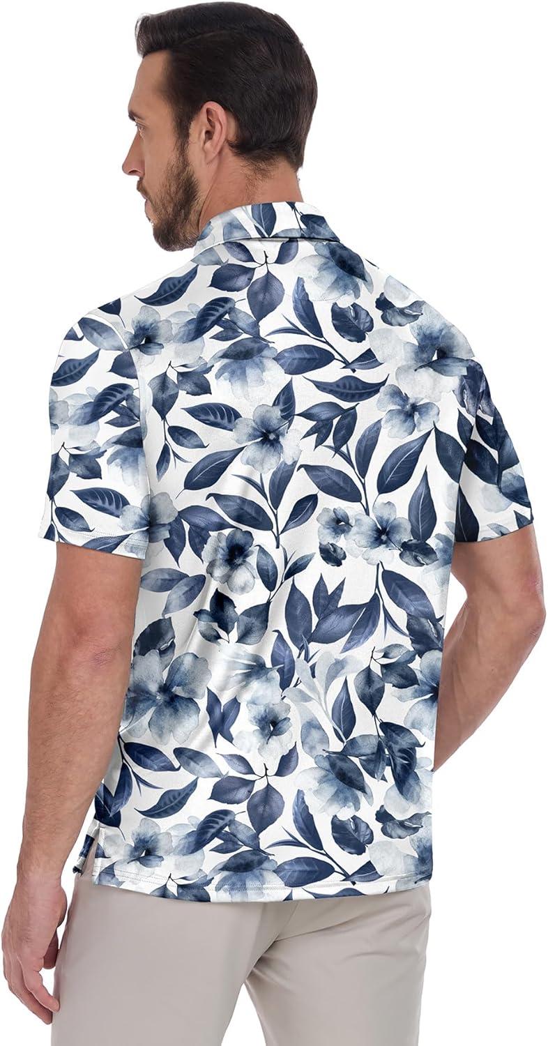 imageZITY Mens Golf Shirts Short Sleeve Print Patterns Performance Moisture Wicking Polo ShirtNavy Staining Plants