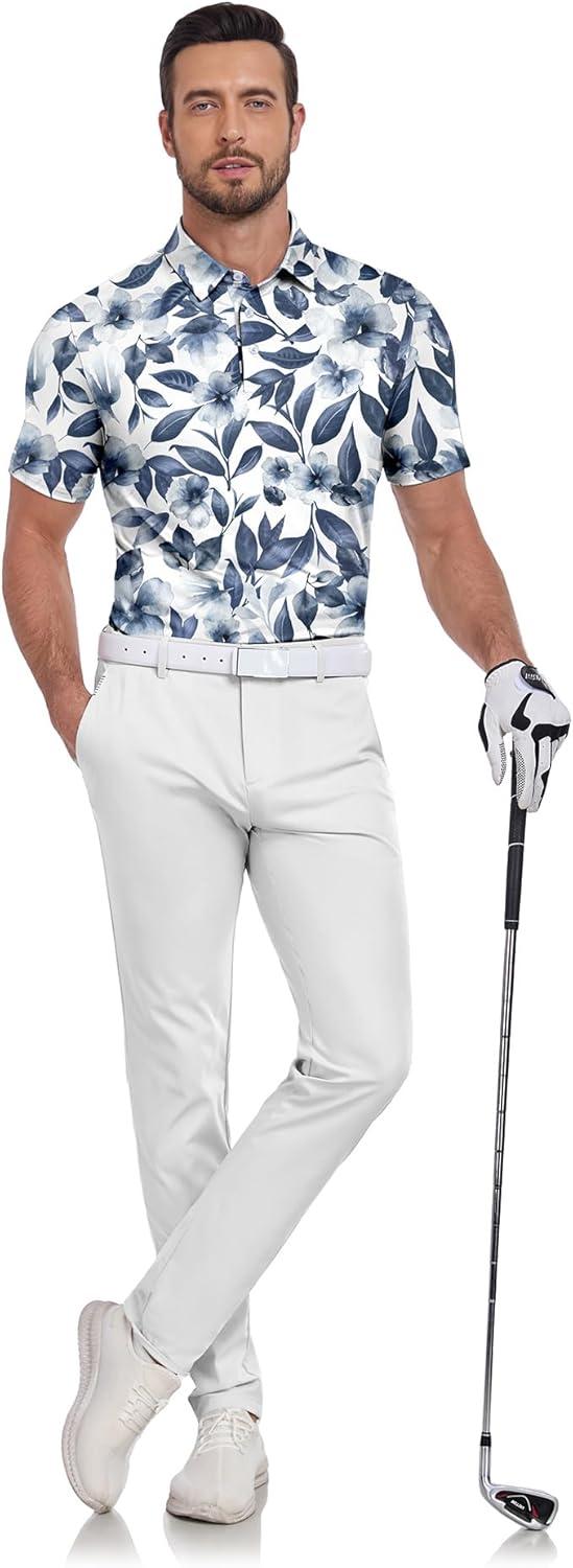 imageZITY Mens Golf Shirts Short Sleeve Print Patterns Performance Moisture Wicking Polo ShirtNavy Staining Plants