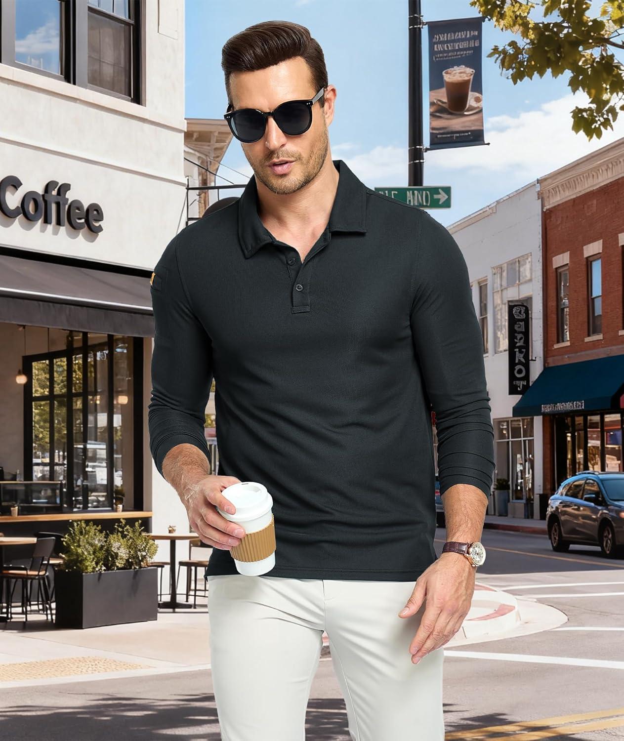 imageZITY Mens Polo Shirts Lightweight Moisture Wicking Long Sleeve Button Down Tactical Golf Performance Casual Shirts Work TeeDeep Gray