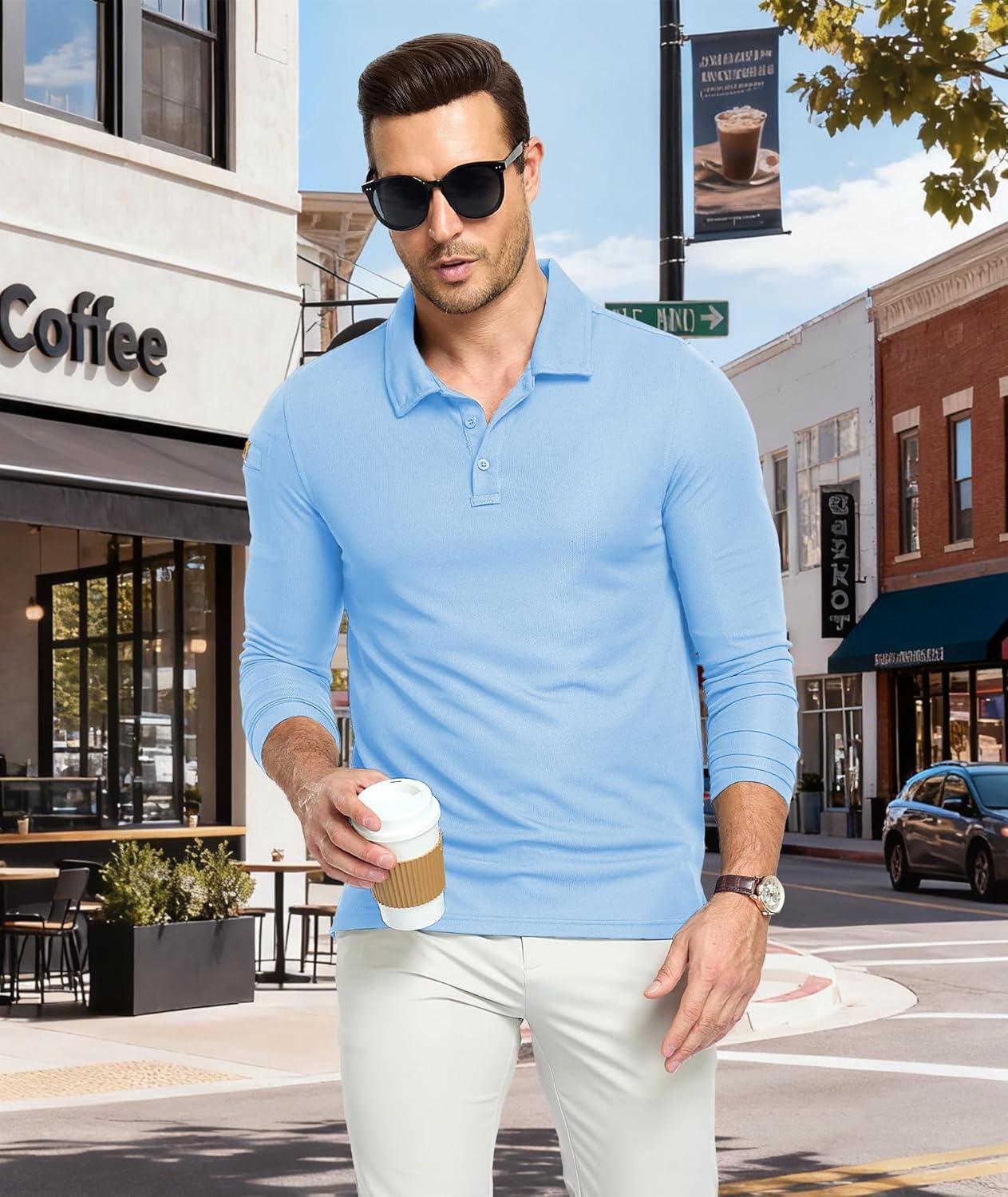 imageZITY Mens Polo Shirts Lightweight Moisture Wicking Long Sleeve Button Down Tactical Golf Performance Casual Shirts Work TeeMoon Blue