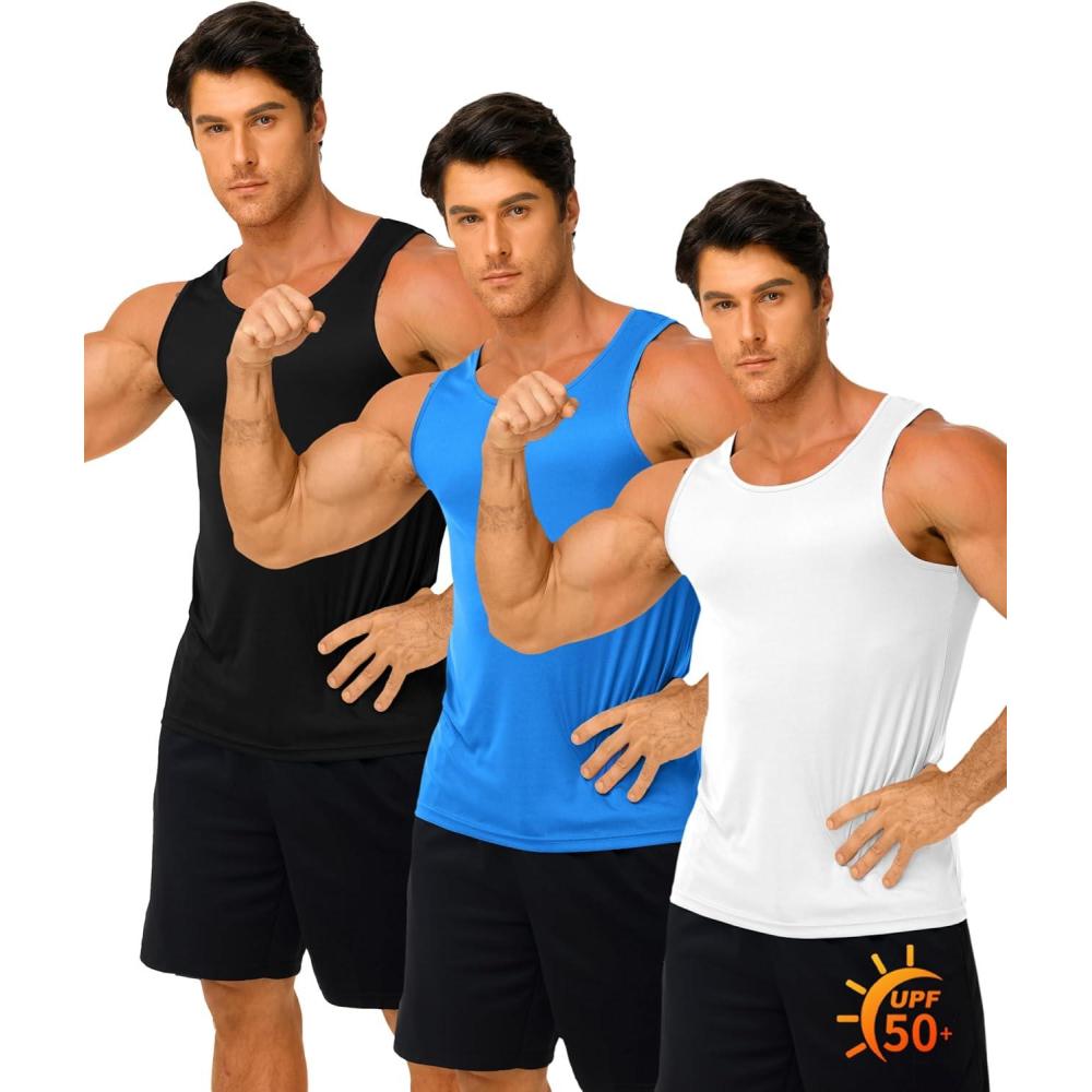 imageZITY 3 Pack Mens Sleeveless Shirt UPF 50 Workout Tank Top Fast Dry Breathable Lightweight Gym Muscle Fitness T ShirtsBlack  White  Blue