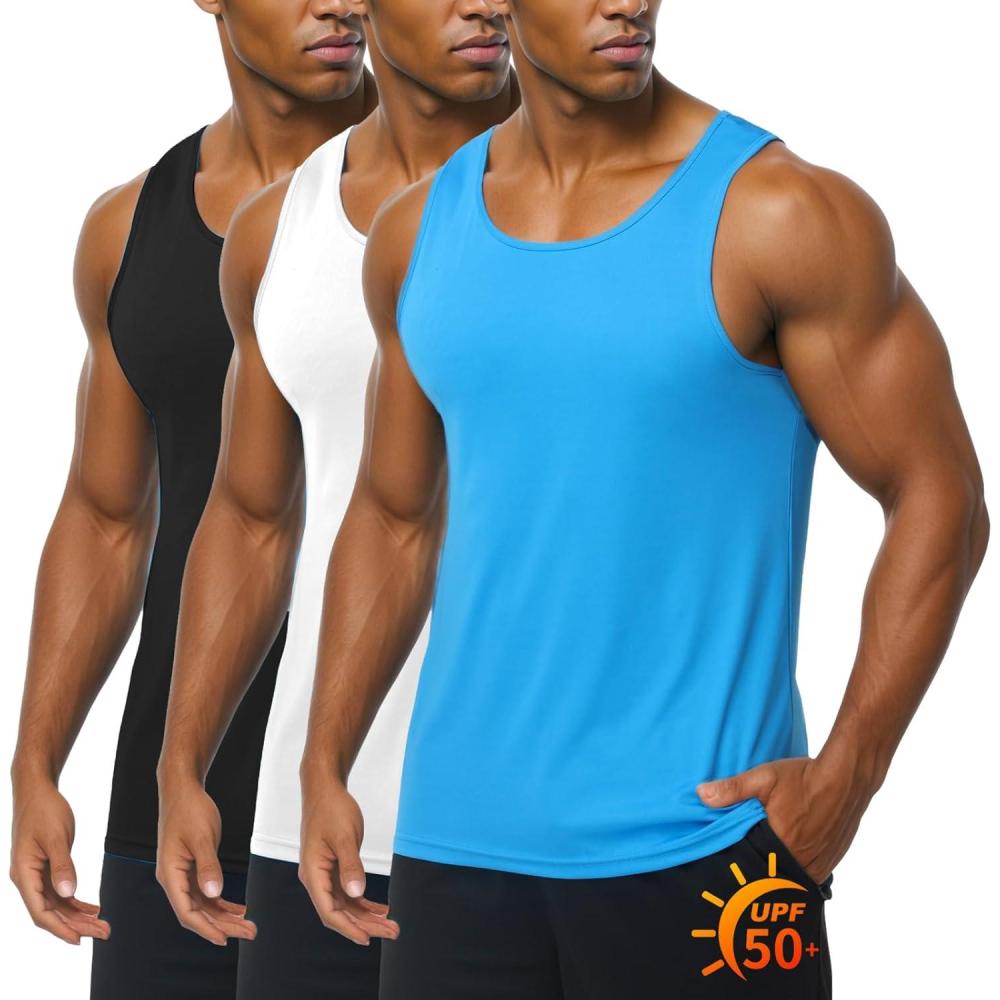 imageZITY 3 Pack Mens Sleeveless Shirt UPF 50 Workout Tank Top Fast Dry Breathable Lightweight Gym Muscle Fitness T ShirtsLight BlueWhiteBlack