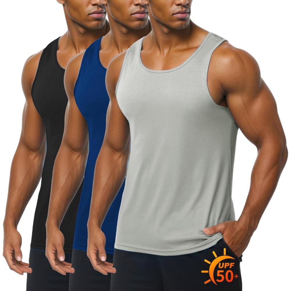 imageZITY 3 Pack Mens Sleeveless Shirt UPF 50 Workout Tank Top Fast Dry Breathable Lightweight Gym Muscle Fitness T ShirtsLight GreyNavy BlueBlack