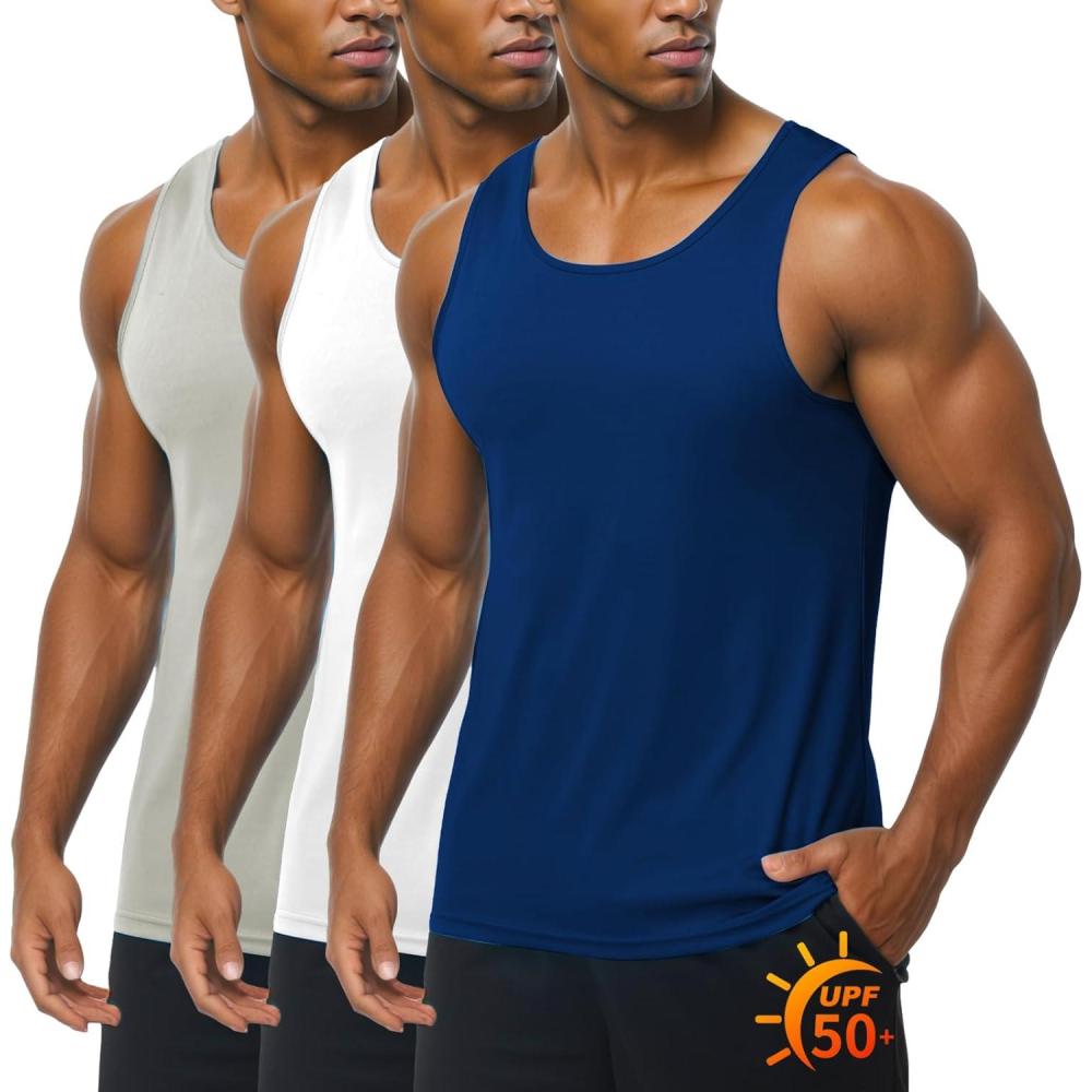 imageZITY 3 Pack Mens Sleeveless Shirt UPF 50 Workout Tank Top Fast Dry Breathable Lightweight Gym Muscle Fitness T ShirtsNavy BlueWhiteLight Grey