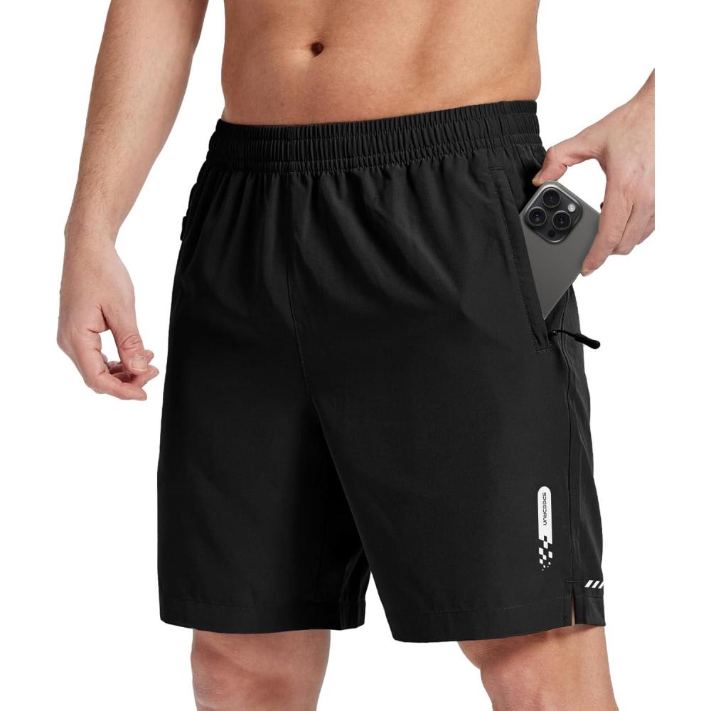 imageZITY Mens Athletic Running Shorts with Zipper Pocket 7 Quick Dry Gym Basketball Workout Sport Tennis Hiking ShortsBlack