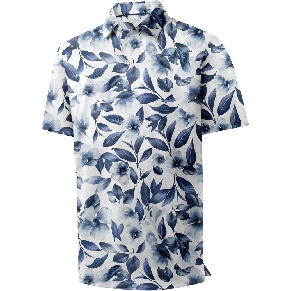 imageZITY Mens Golf Shirts Short Sleeve Print Patterns Performance Moisture Wicking Polo ShirtNavy Staining Plants