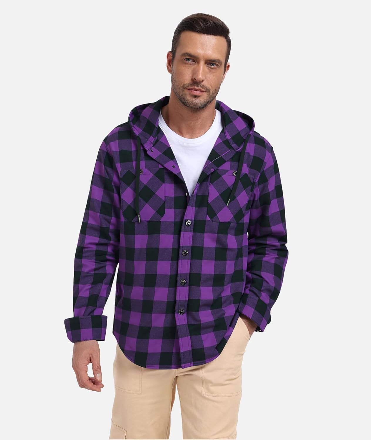 imageHooded Flannel Shirts for Men Long Sleeve Plaid Hoodie Jackets Shirts Casual Button Down Shirt with Pocket Purple