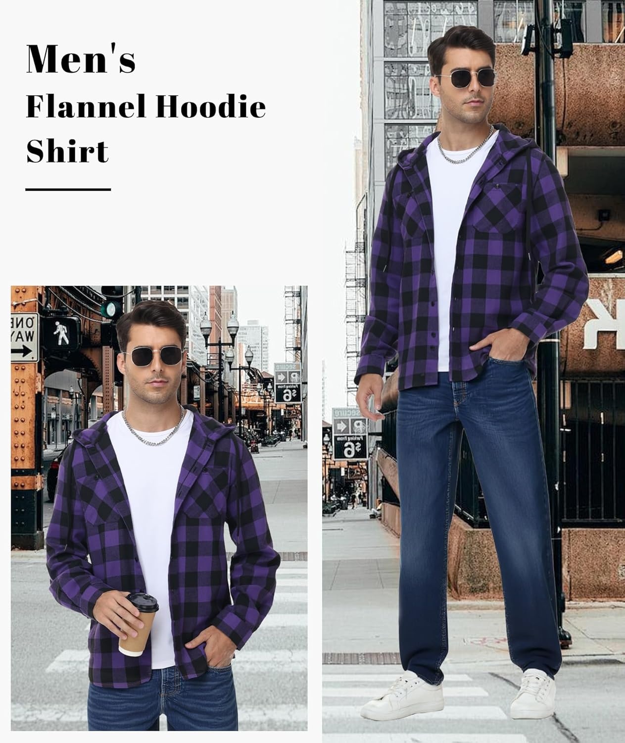 imageHooded Flannel Shirts for Men Long Sleeve Plaid Hoodie Jackets Shirts Casual Button Down Shirt with Pocket Purple