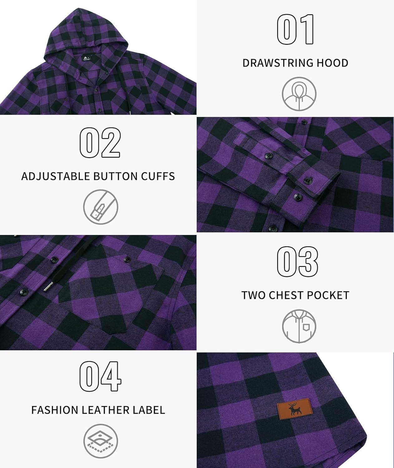 imageHooded Flannel Shirts for Men Long Sleeve Plaid Hoodie Jackets Shirts Casual Button Down Shirt with Pocket Purple