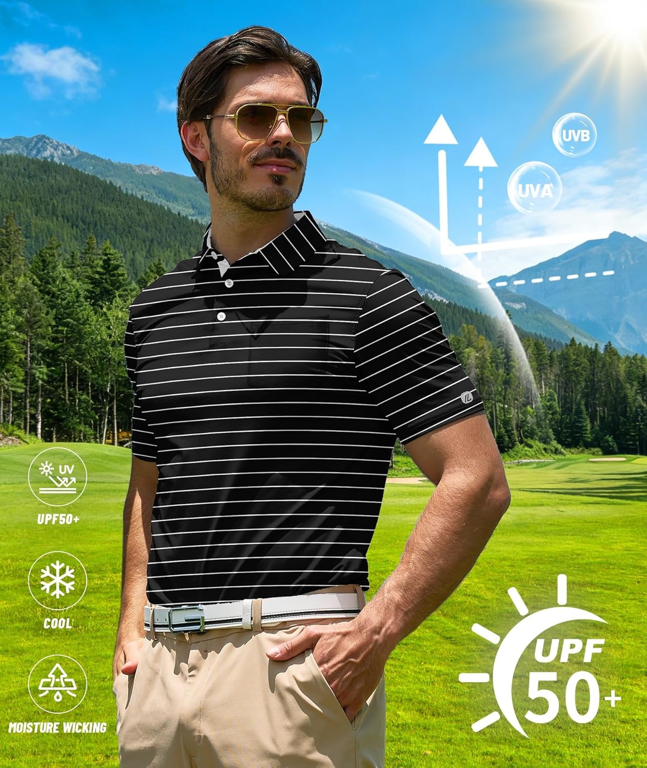 imageZITY Men Golf Polo Shirts Short Sleeve Striped UPF 50 Moisture Wicking Casual Collared Print TShirt for MenZ Black Striped