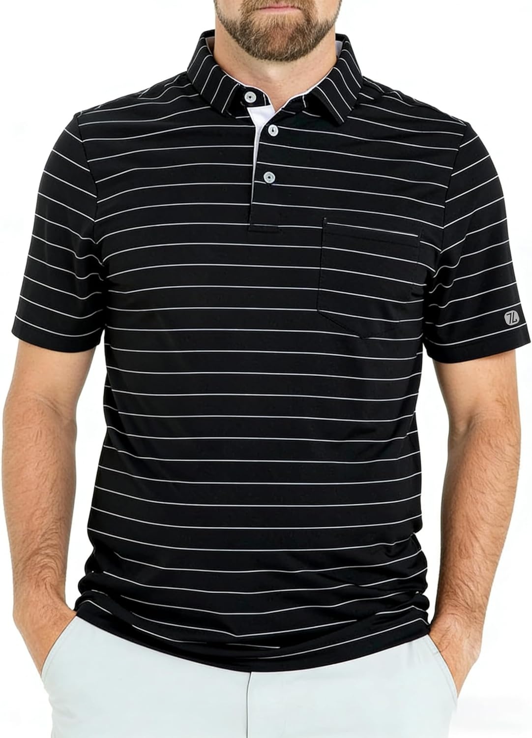 imageZITY Men Golf Polo Shirts Short Sleeve Striped UPF 50 Moisture Wicking Casual Collared Print TShirt for MenZ Black Striped