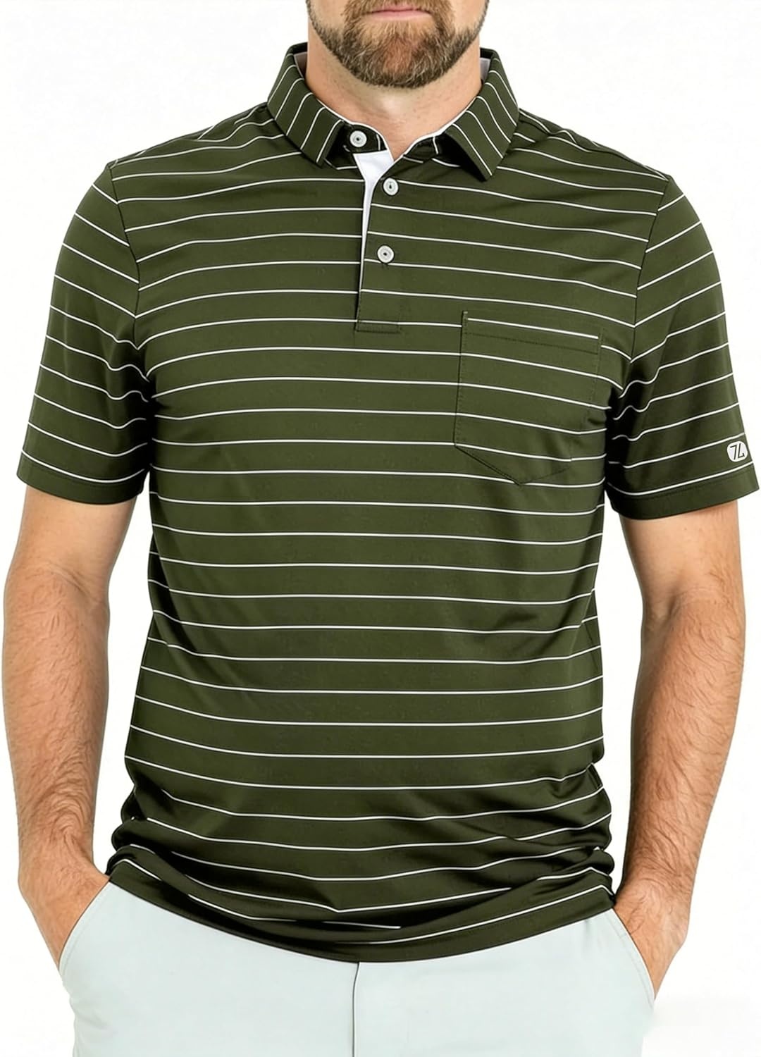 imageZITY Men Golf Polo Shirts Short Sleeve Striped UPF 50 Moisture Wicking Casual Collared Print TShirt for MenZ Green Striped