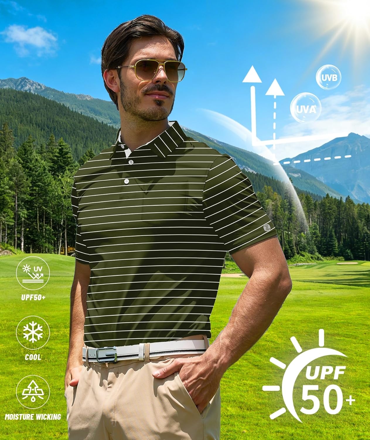 imageZITY Men Golf Polo Shirts Short Sleeve Striped UPF 50 Moisture Wicking Casual Collared Print TShirt for MenZ Green Striped