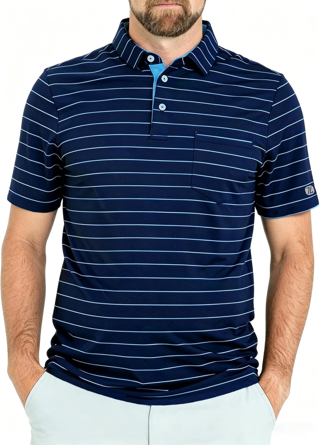 imageZITY Men Golf Polo Shirts Short Sleeve Striped UPF 50 Moisture Wicking Casual Collared Print TShirt for MenZ Navy Striped