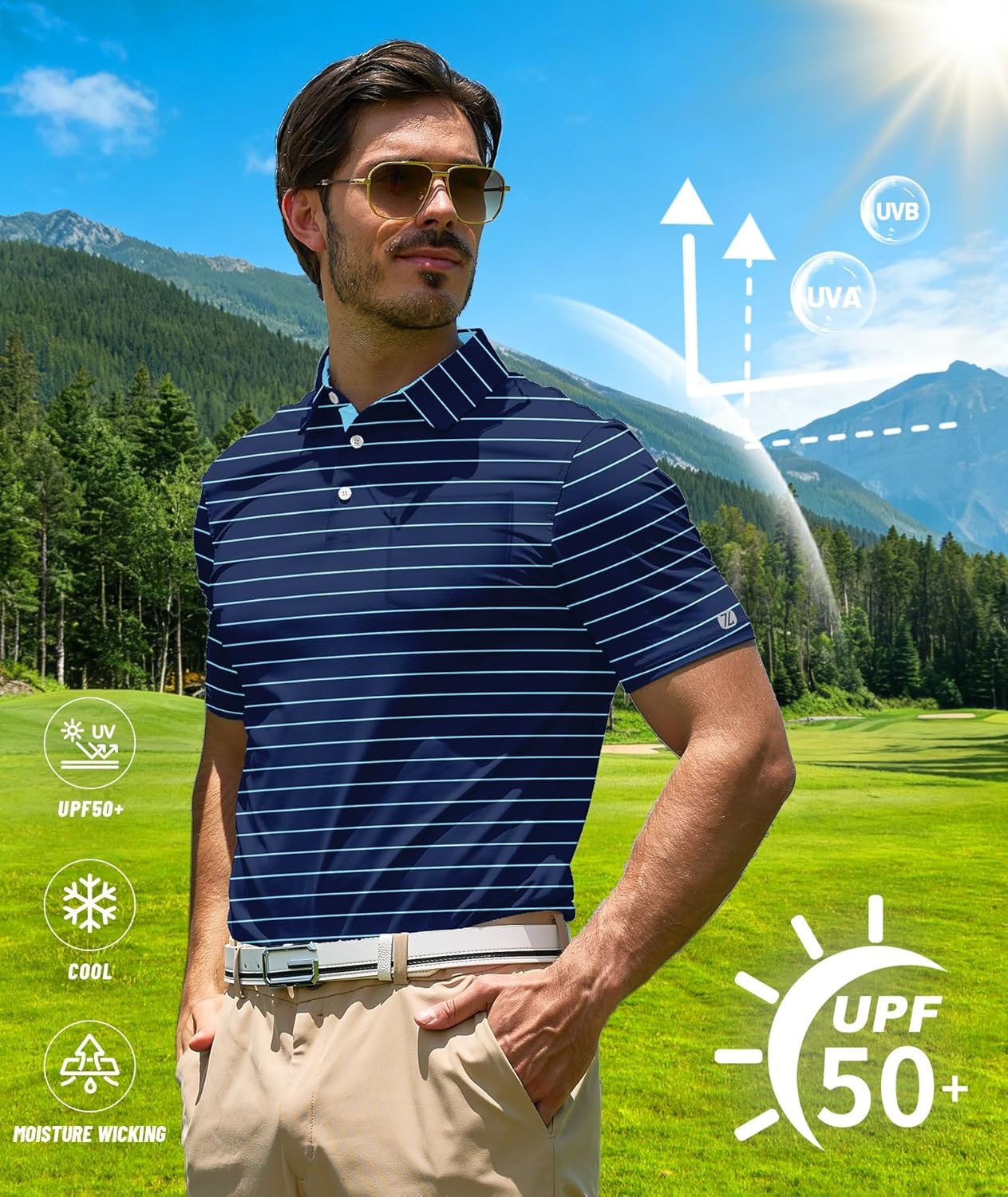 imageZITY Men Golf Polo Shirts Short Sleeve Striped UPF 50 Moisture Wicking Casual Collared Print TShirt for MenZ Navy Striped