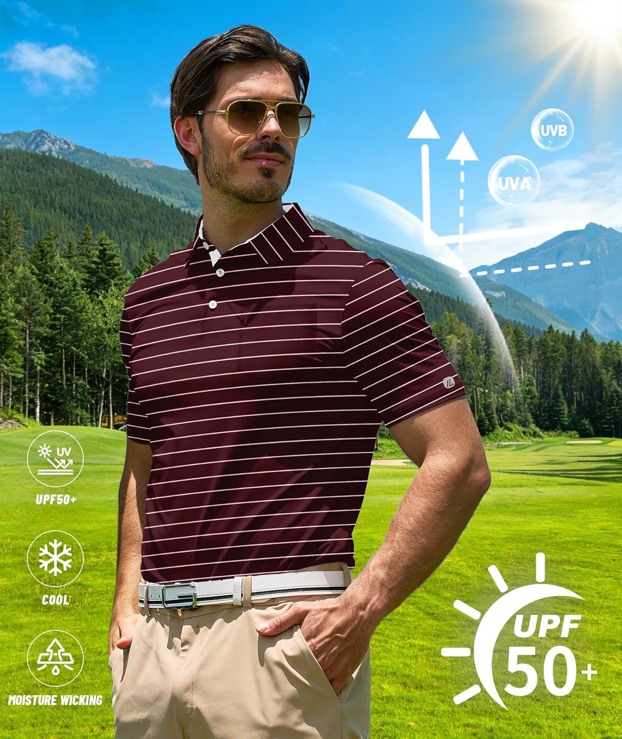 imageZITY Men Golf Polo Shirts Short Sleeve Striped UPF 50 Moisture Wicking Casual Collared Print TShirt for MenZ Red Striped