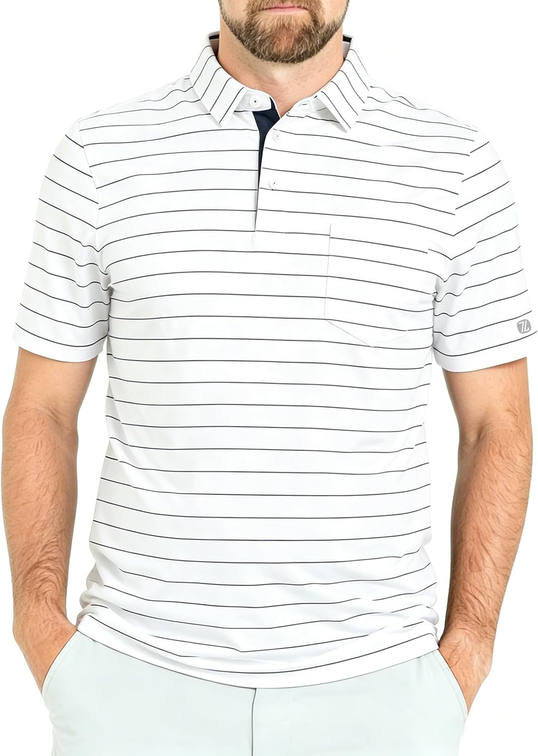 imageZITY Men Golf Polo Shirts Short Sleeve Striped UPF 50 Moisture Wicking Casual Collared Print TShirt for MenZ White Striped