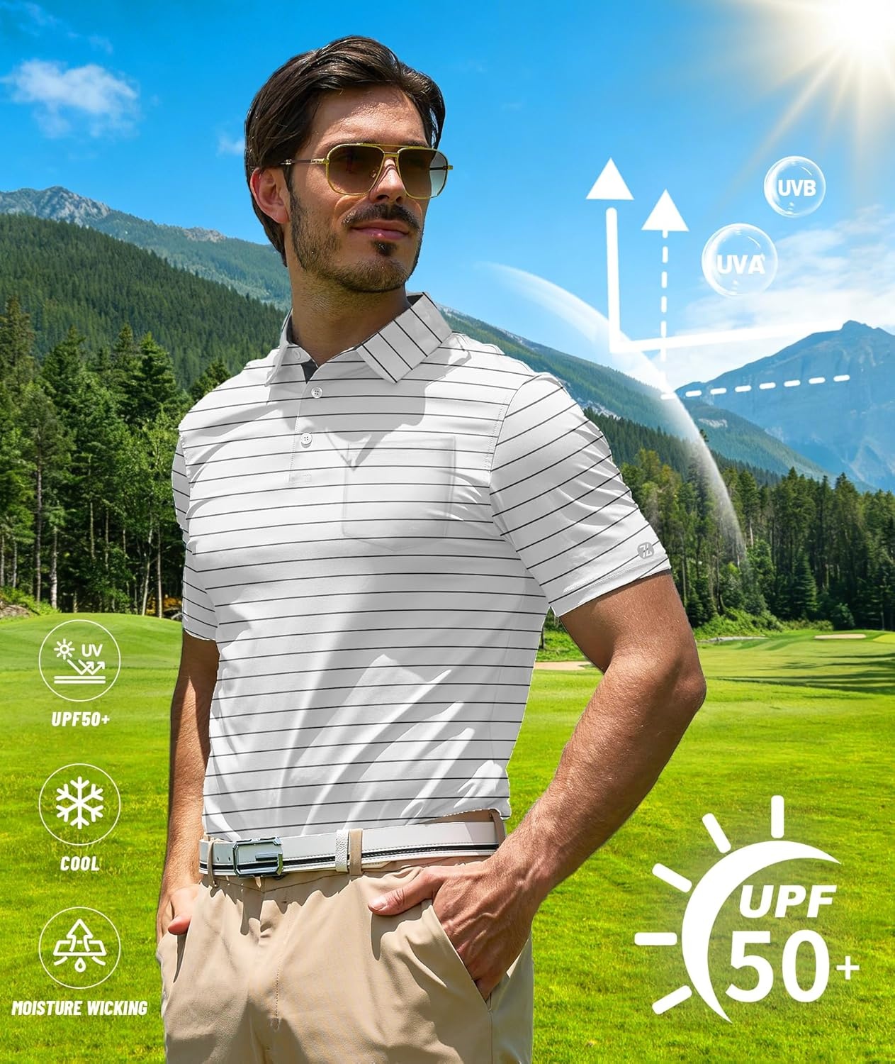 imageZITY Men Golf Polo Shirts Short Sleeve Striped UPF 50 Moisture Wicking Casual Collared Print TShirt for MenZ White Striped