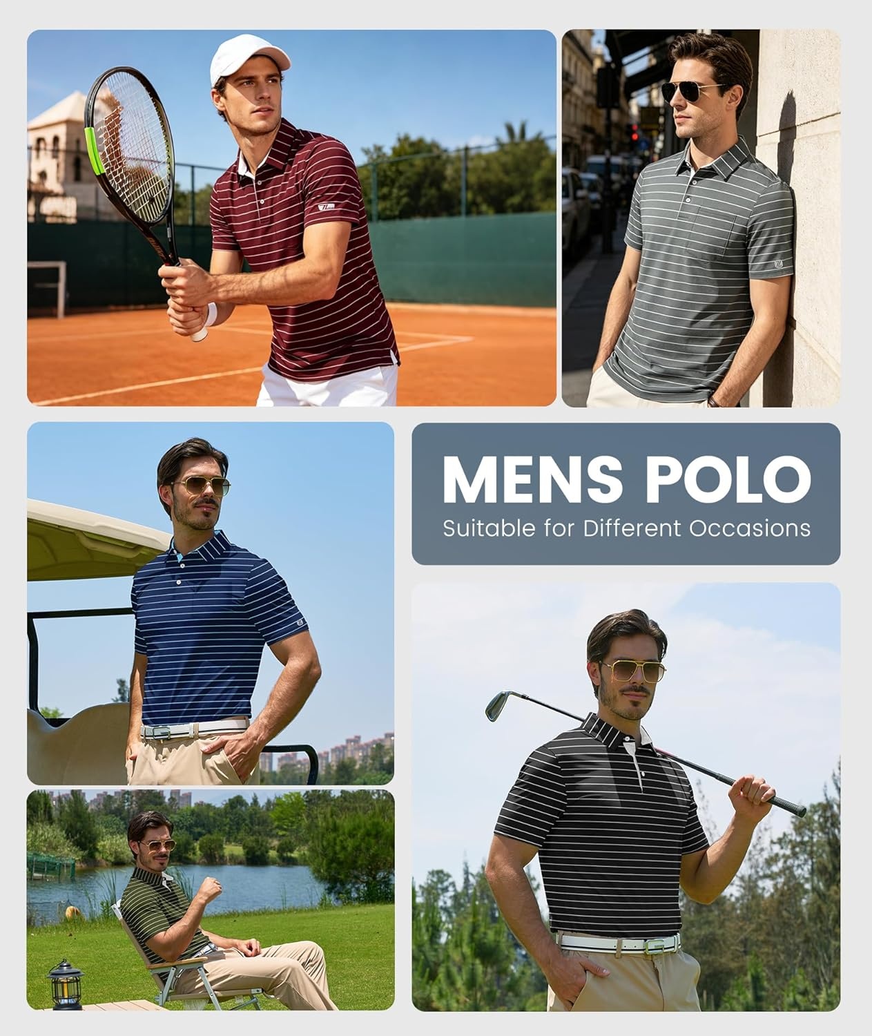 imageZITY Men Golf Polo Shirts Short Sleeve Striped UPF 50 Moisture Wicking Casual Collared Print TShirt for MenZ White Striped