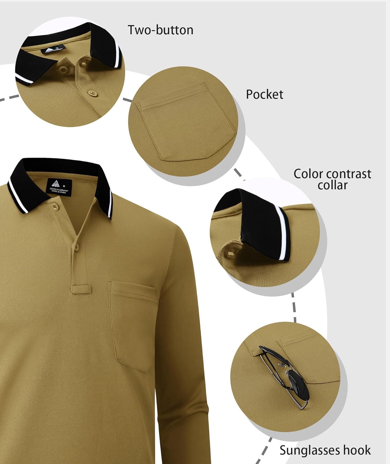 imageZITY Men Polo Shirts Long Sleeve with Pocket Golf Shirts Shirts for Men Casual Work Athletic Collared TShirtsZ Khaki
