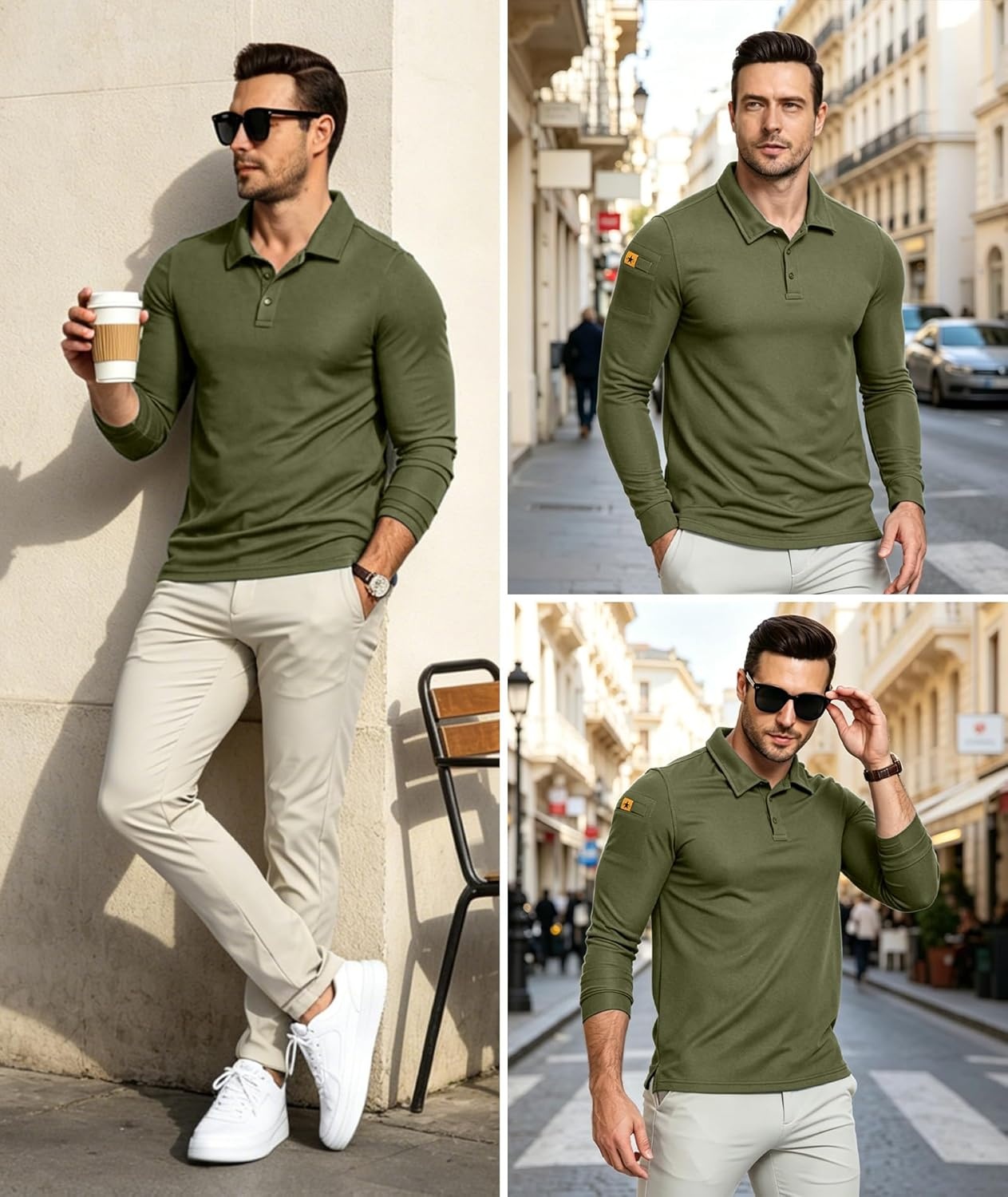 imageZITY Mens Polo Shirts Tactical Lightweight Moisture Wicking Long Sleeve Golf Sports Performance Shirts Work TeeArmy Green