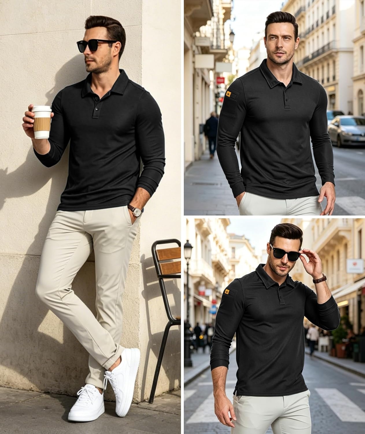 imageZITY Mens Polo Shirts Tactical Lightweight Moisture Wicking Long Sleeve Golf Sports Performance Shirts Work TeeBlack