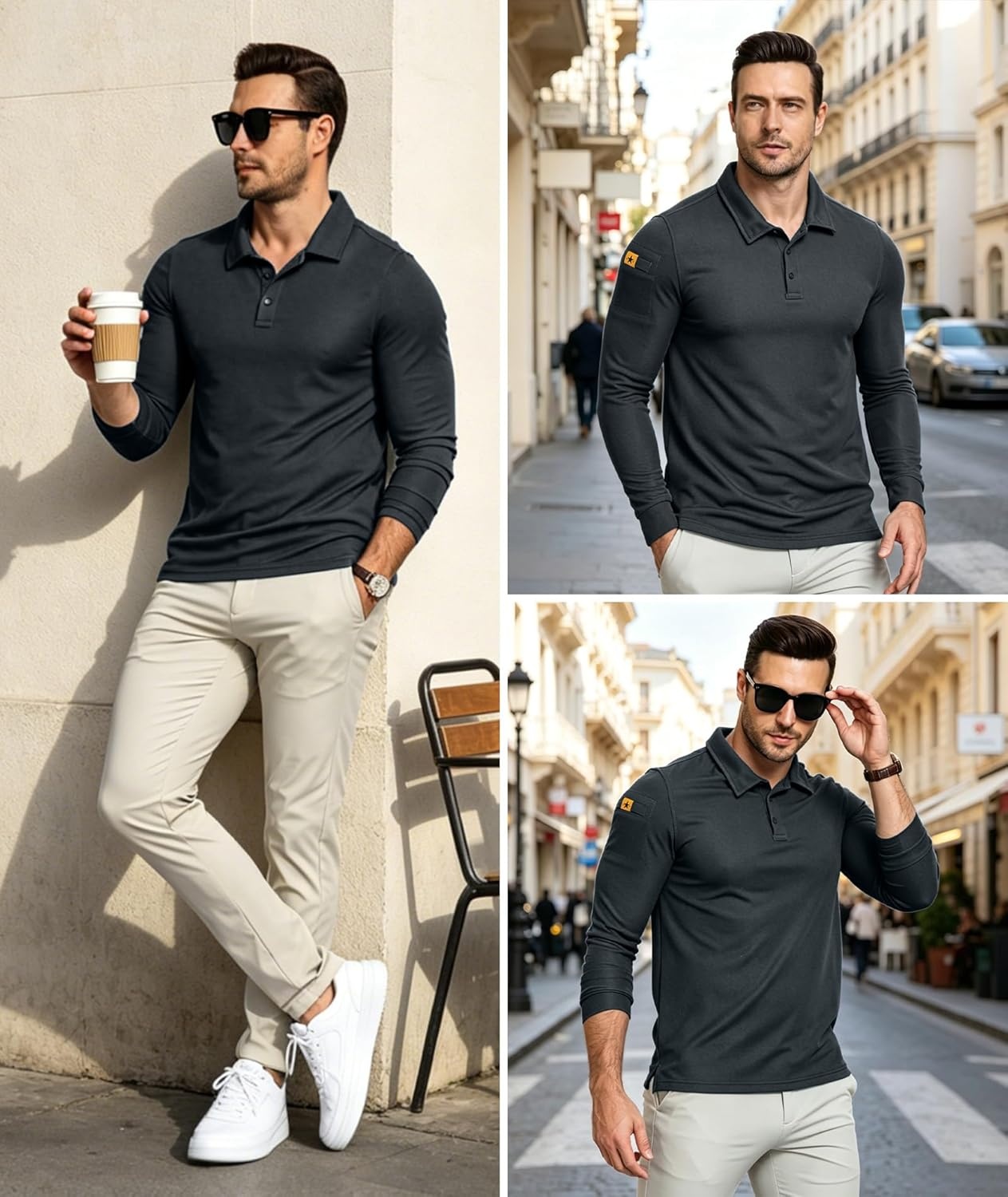 imageZITY Mens Polo Shirts Tactical Lightweight Moisture Wicking Long Sleeve Golf Sports Performance Shirts Work TeeDeep Gray