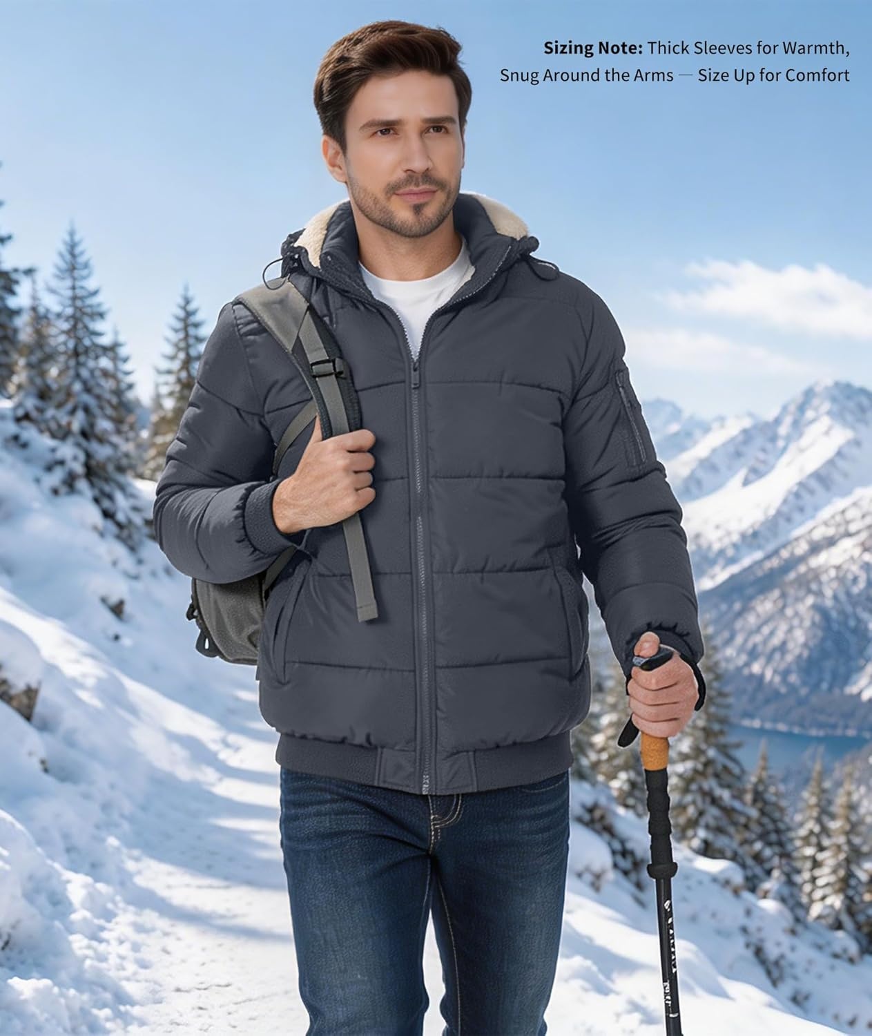 imageZITY Mens Puffer Jacket Warm Winter Coats Sherpa Fleece Parka Waterproof Thicken Insulated Padded Jackets with HoodDark Gray