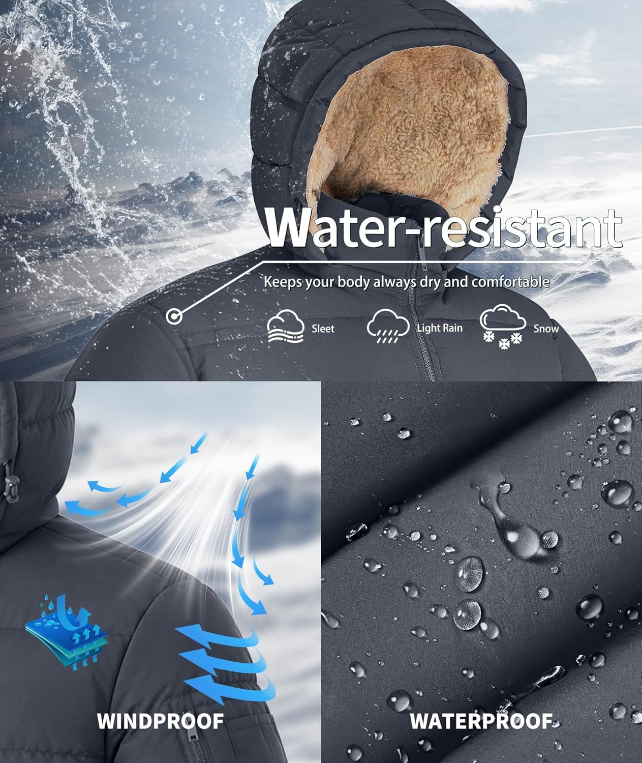 imageZITY Mens Puffer Jacket Warm Winter Coats Sherpa Fleece Parka Waterproof Thicken Insulated Padded Jackets with HoodDark Gray