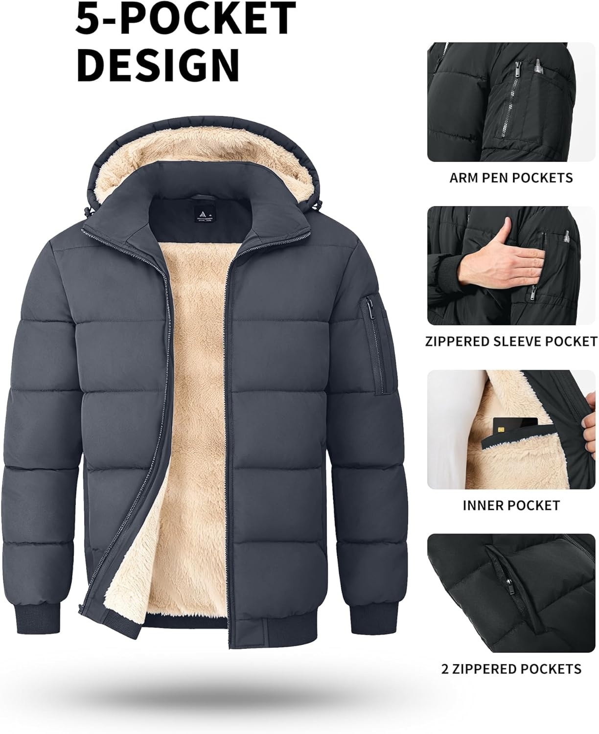 imageZITY Mens Puffer Jacket Warm Winter Coats Sherpa Fleece Parka Waterproof Thicken Insulated Padded Jackets with HoodDark Gray