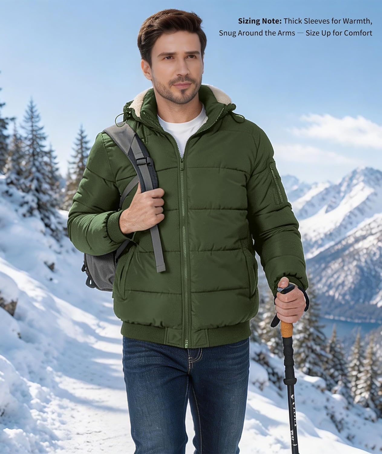imageZITY Mens Puffer Jacket Warm Winter Coats Sherpa Fleece Parka Waterproof Thicken Insulated Padded Jackets with HoodOlive Green