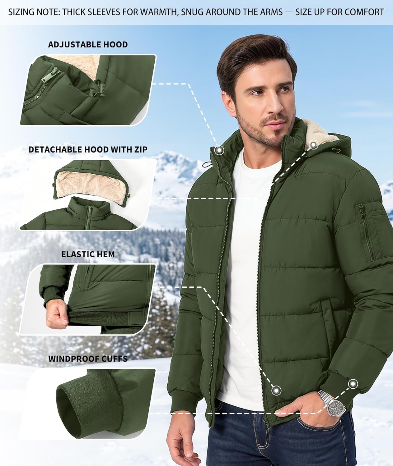 imageZITY Mens Puffer Jacket Warm Winter Coats Sherpa Fleece Parka Waterproof Thicken Insulated Padded Jackets with HoodOlive Green
