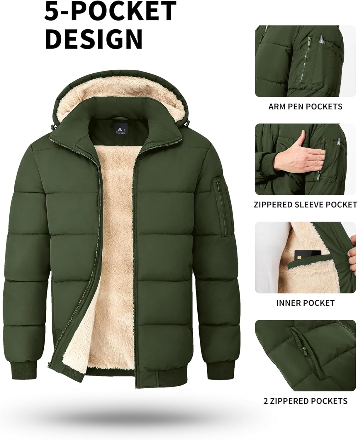 imageZITY Mens Puffer Jacket Warm Winter Coats Sherpa Fleece Parka Waterproof Thicken Insulated Padded Jackets with HoodOlive Green